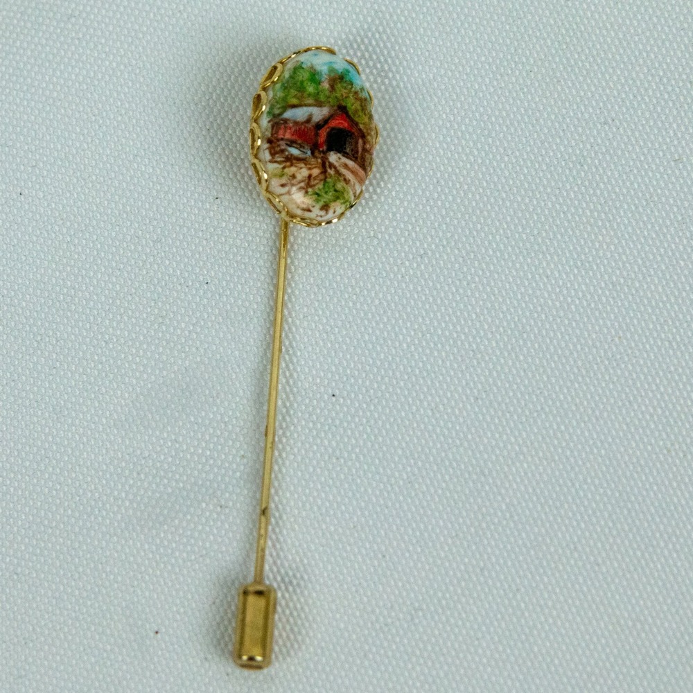 Vintage Hand Painted Covered Bridge Stick Pin Gold Tone Oval Scenic Brooch